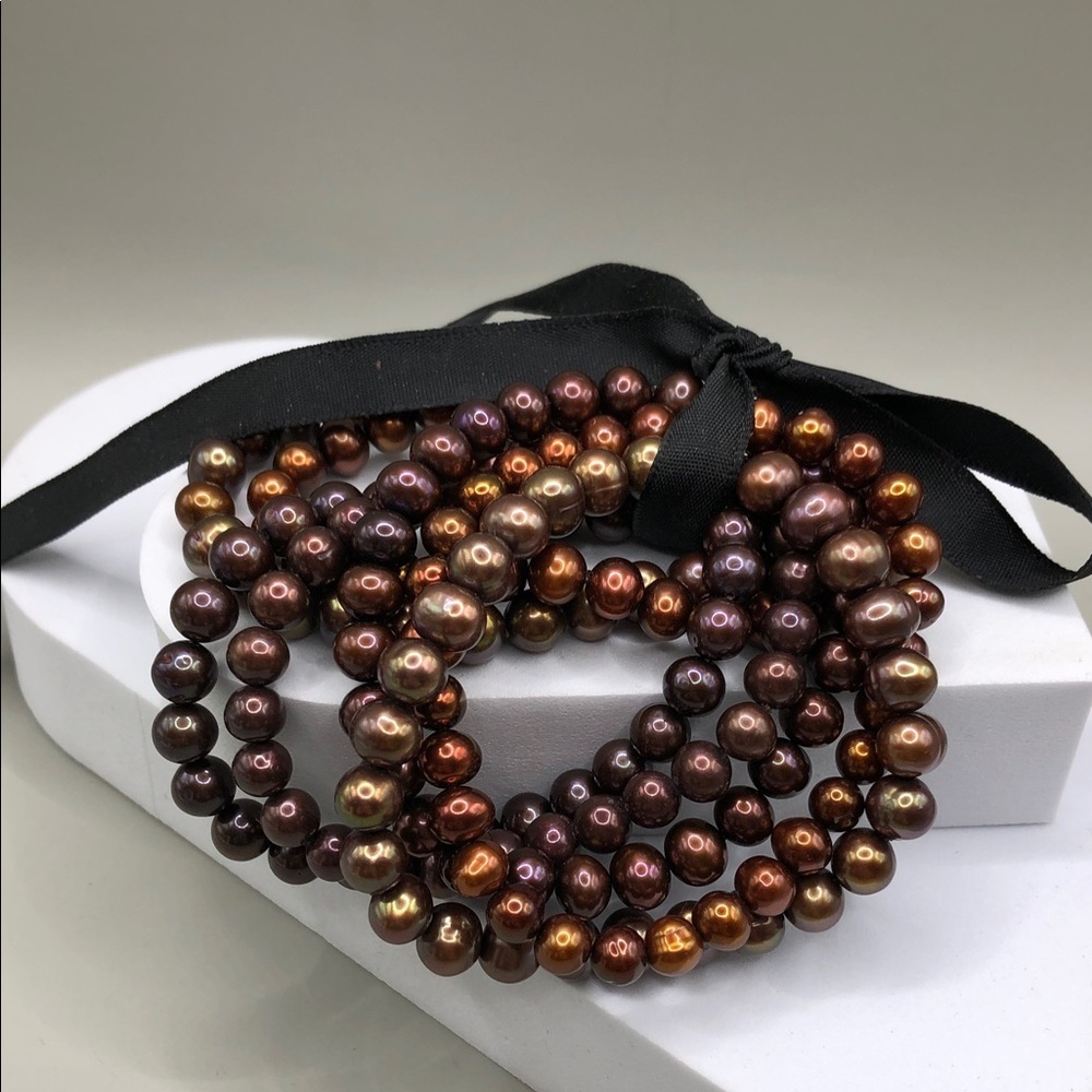 7 Dyed Chocolate Cultured Freshwater Pearls Stretch Bracelets Layer Stack Boho